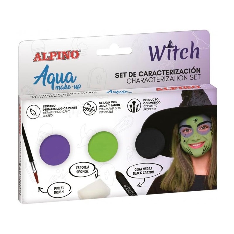 Alpino Aqua Make Up Witch Characterization Set - 3 Compacts + Black Wax + Brush + Sponge
