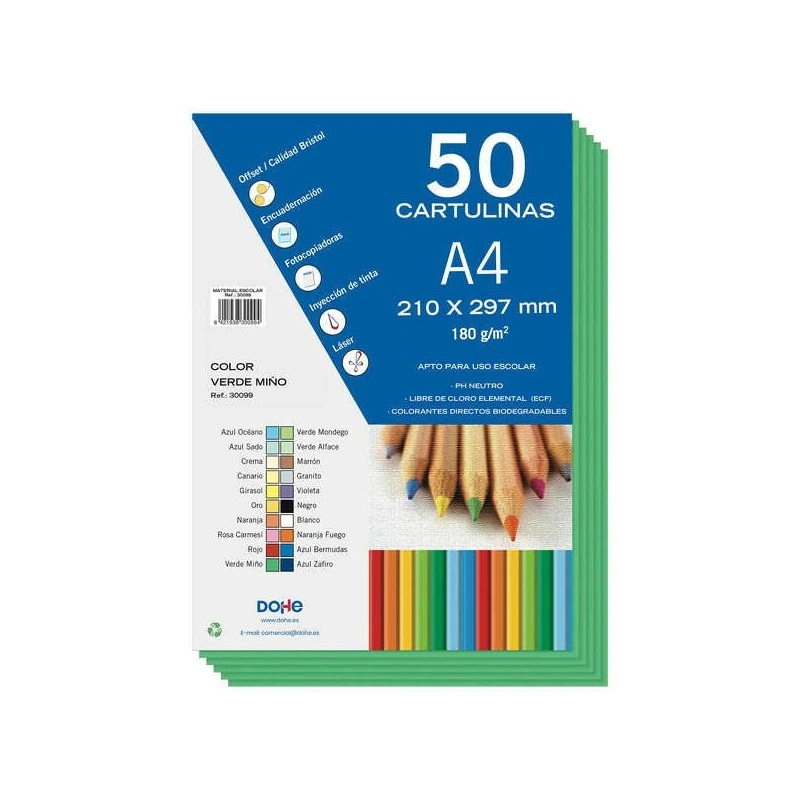 Dohe Pacote de 50 Cartões A4 de 180g/m2 - PH Neutro - Isento de Cloro Elemental - Corantes Biodegradáveis ​​- Cor Verde Minho