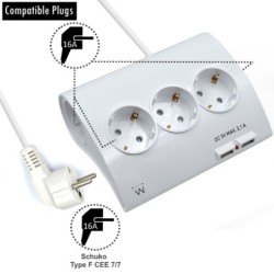 Ewent Power Strip - 5 plugs - Schuko Version - 16A - 2 USB Ports - 1,5m Cable - White Color