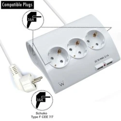 Multiprise Ewent - 5 Prises - Version Schuko - 16A - 2 Ports USB - Câble 1,5m - Couleur Blanc