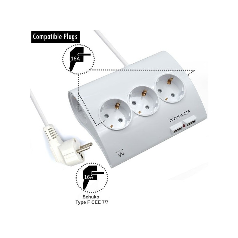 Ewent Regleta de Energia - 5 enchufes - Version Schuko - 16A - 2 Puertos USB - Cable de 1.5m - Color Blanco
