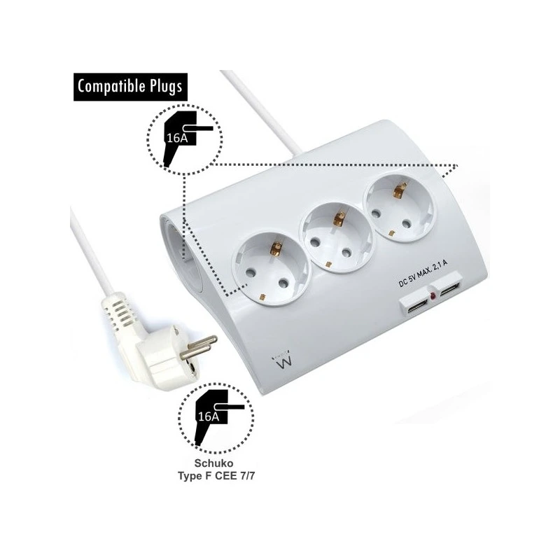 Multiprise Ewent - 5 Prises - Version Schuko - 16A - 2 Ports USB - Câble 1,5m - Couleur Blanc