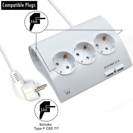 Multiprise Ewent - 5 Prises - Version Schuko - 16A - 2 Ports USB - Câble 1,5m - Couleur Blanc
