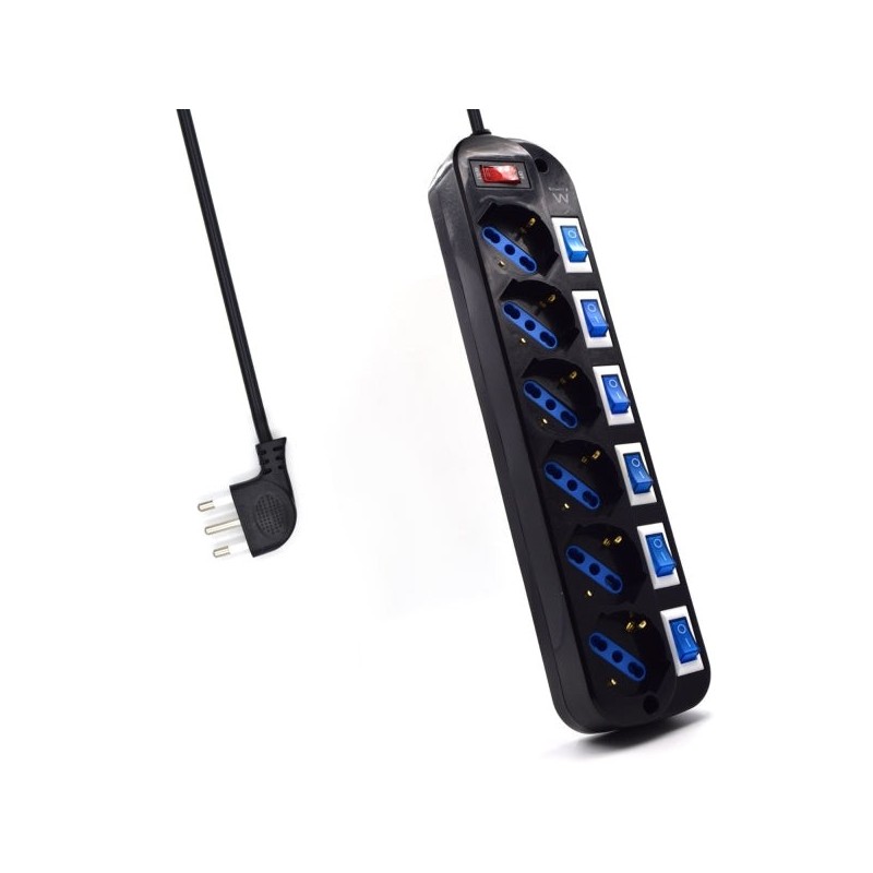 Ewent Regleta con 6 Tomas Tipo L/F (Schuko) de 10/16A - Interruptor On/Off General e Individual - Proteccion contra