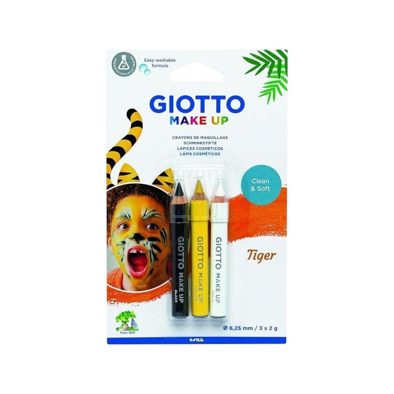 Giotto Make Up Tiger Pack com 3 Lápis Cosméticos Tema Tiger - Lava com Água - Testado Dermatologicamente - Cores Sortidas