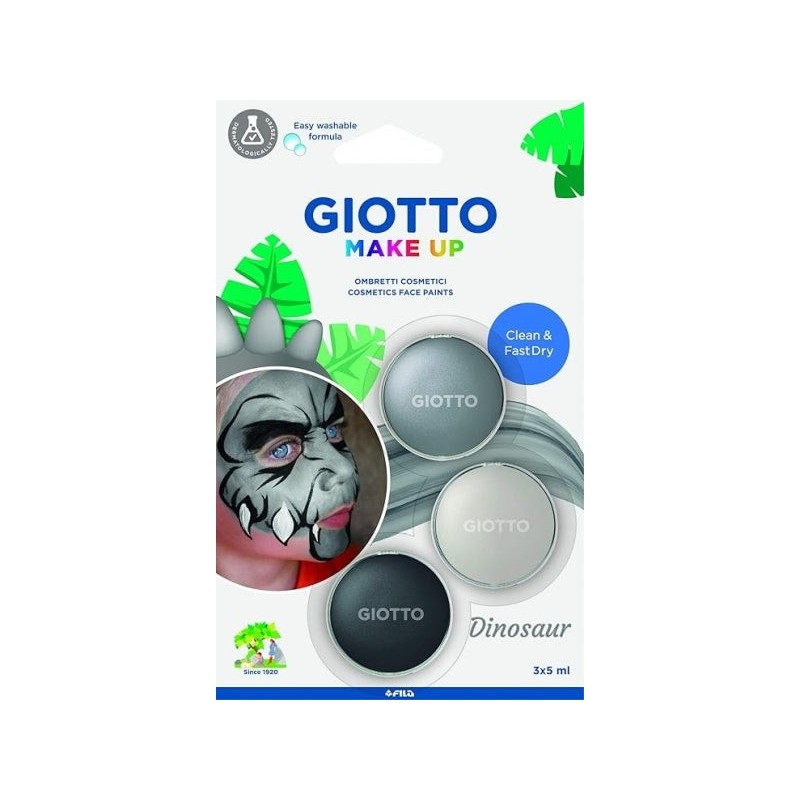 Giotto Make Up Dinosaur Pack con 3 Maquillajes Faciales de Tematica Dinosaurio - Se Lava con Agua - Dermatologicamente Testado