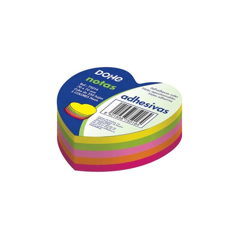 Dohe Cube of 250 Repositionable Heart-Shaped Notes - Size 70x70mm - 75gr Paper - Ideal for Office and School - Assorted Neon