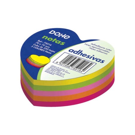 Dohe Cube of 250 Repositionable Heart-Shaped Notes - Size 70x70mm - 75gr Paper - Ideal for Office and School - Assorted Neon