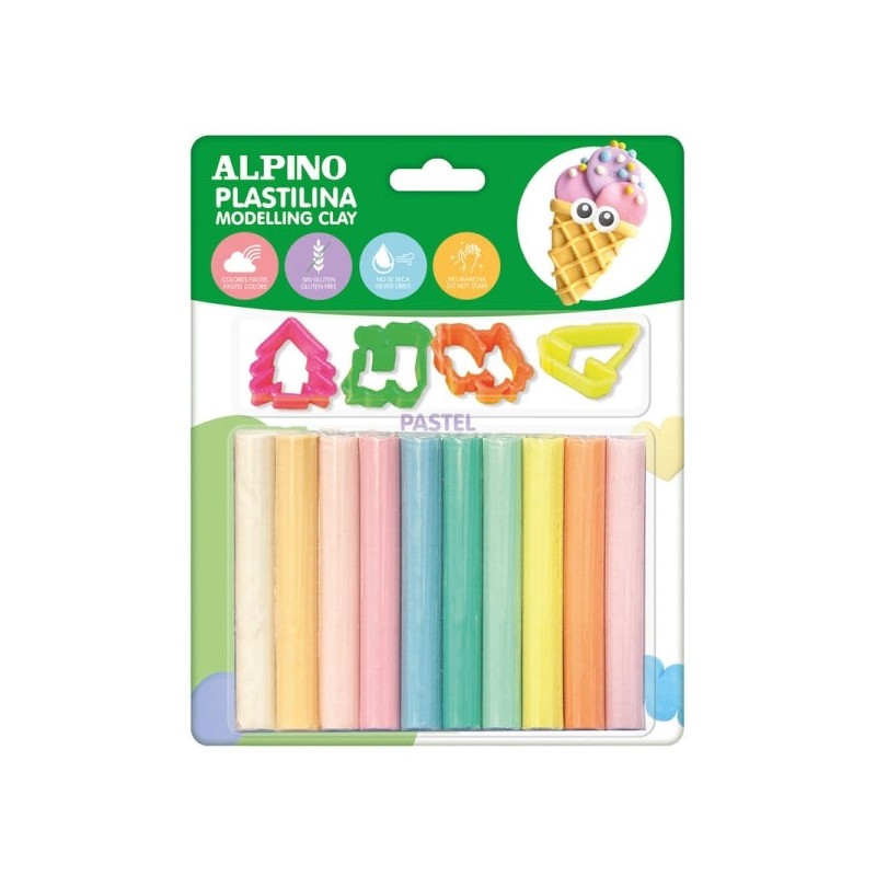 Alpino Pack con 10 Barras de Plastilina 17gr + 4 Moldes - Muy Flexible - Pueden Mezclarse - Sin Gluten - Colores Pastel Surtidos