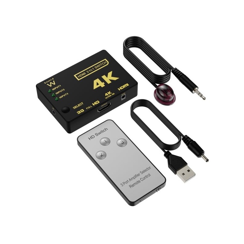 Ewent Switch 3 para 1 HDMI Switch - Resolução 4K - Comando à distância - Inclui alimentação e cabo IR - Cor preta