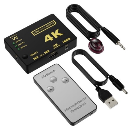 Ewent Switch 3 para 1 HDMI Switch - Resolução 4K - Comando à distância - Inclui alimentação e cabo IR - Cor preta