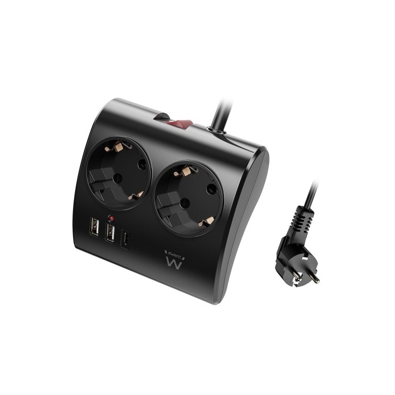 Multiprise de table 5 prises Ewent - 2x Schuko 16A - 2x USB-A - 1x USB-C - Interrupteur On/Off - Câble 1,5m - Couleur Noir