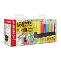 Stabilo Pack de Set de Table avec 15 Marqueurs Stabilo Boss et 15 Marqueurs Swing Cool - Encre à Base d'Eau - Couleurs Assorties