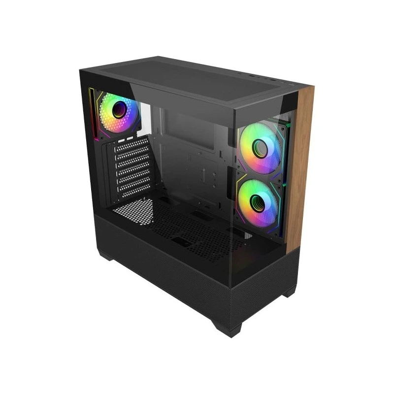 Caixa Torre Média Cooler Master Elite 690 Wood ATX/MicroATX/Mini-ITX - 3 Ventoinhas RGB de 120mm - Vista Panorâmica - Câmara