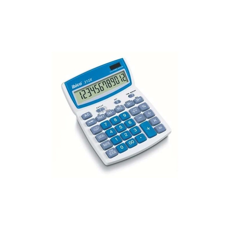 Ibico 212X Calculatrice de Bureau Écran LCD 12 Chiffres Inclinable - Touches en Relief - Fonction Taxes et Arrondi - Couleur