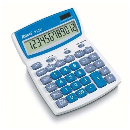 Ibico 212X Calculatrice de Bureau Écran LCD 12 Chiffres Inclinable - Touches en Relief - Fonction Taxes et Arrondi - Couleur