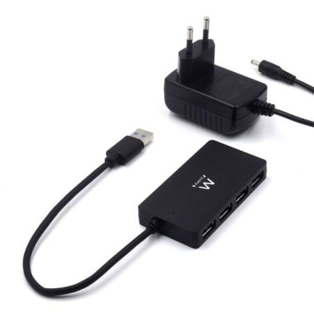 Hub USB Ewent 4 em 1 - Alimentação Externa - USB 3.2 Gen1 - Cabo de 52,5 cm - Cor Preta