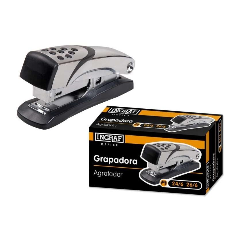 Ingraf N4 Metal Stapler - Metal Body with Plastic Trim - Non-Slip Rubber Coating - Compatible with 24/6 and 26/6 Staples - Grey