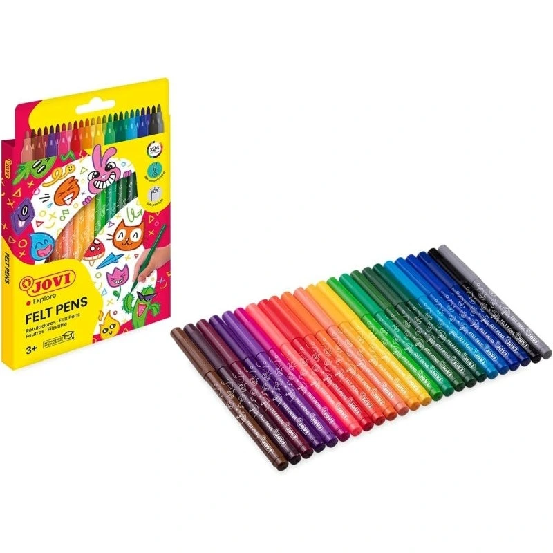 Jovi Felt Pens Pack de 24 Feutres - Pointe de 3mm - Large Variété de Tons - Encre Grande Fixation - Capuchon Ventilé - Grip