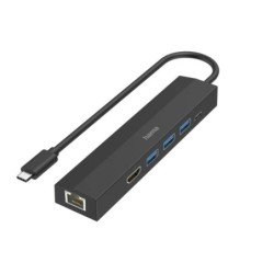 Hama Entry Hub USB 3.2 - Potencia Maxima 100W - Cable USB-C Integrado de 15cm - LAN Ethernet 1Gbps - HDMI 4K - 3x USB-A - USB-C