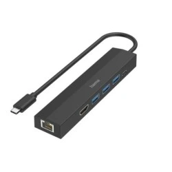 Hama Entry Hub USB 3.2 - Potencia Maxima 100W - Cable USB-C Integrado de 15cm - LAN Ethernet 1Gbps - HDMI 4K - 3x USB-A - USB-C