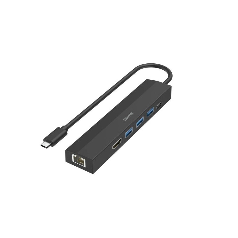 Hama Entry Hub USB 3.2 - Potencia Maxima 100W - Cable USB-C Integrado de 15cm - LAN Ethernet 1Gbps - HDMI 4K - 3x USB-A - USB-C