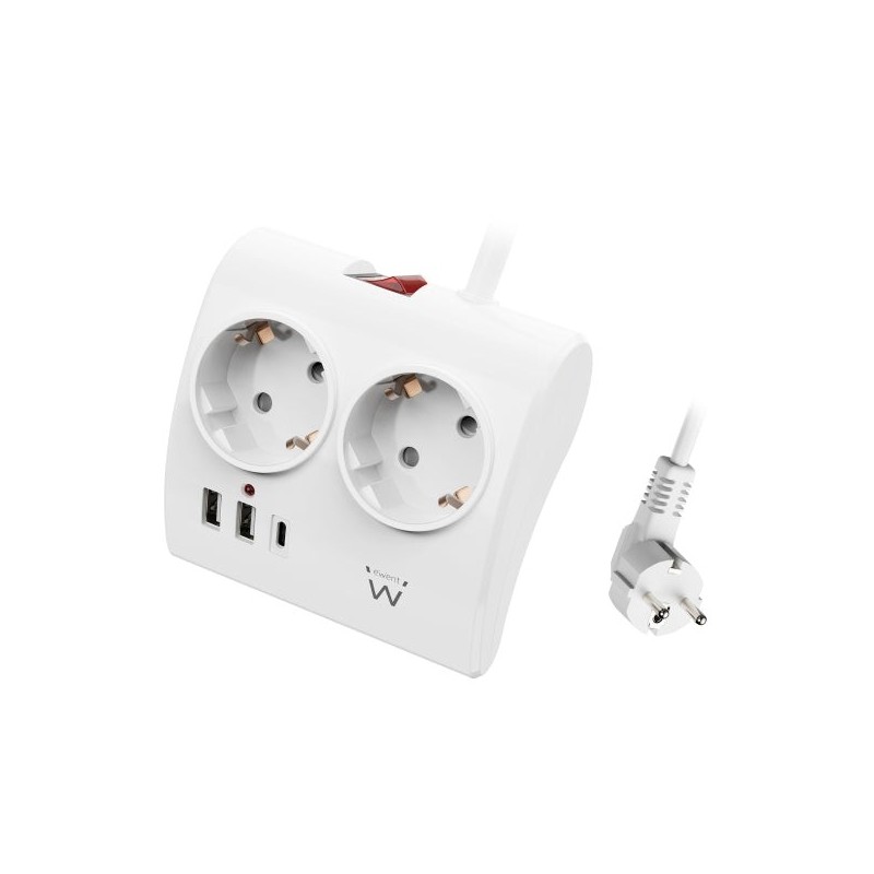 Multiprise de table 5 prises Ewent - 2x Schuko 16A - 2x USB-A - 1x USB-C - Interrupteur On/Off - Câble 1,5m - Couleur Blanc