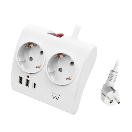 Ewent 5-Outlet Tabletop Power Strip - 2x Schuko 16A - 2x USB-A - 1x USB-C - On/Off Switch - 1,5m Cable - White Color