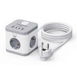 Ewent Regleta con 6 Tomas de Sobremesa - 3x Schuko 16A - 2x USB-A - 2x USB-C - Proteccion Infantil - Interruptor On/Off - Forma
