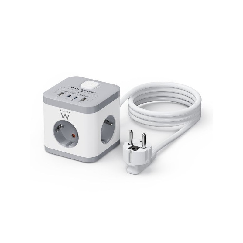 Ewent Regleta con 6 Tomas de Sobremesa - 3x Schuko 16A - 2x USB-A - 2x USB-C - Proteccion Infantil - Interruptor On/Off - Forma