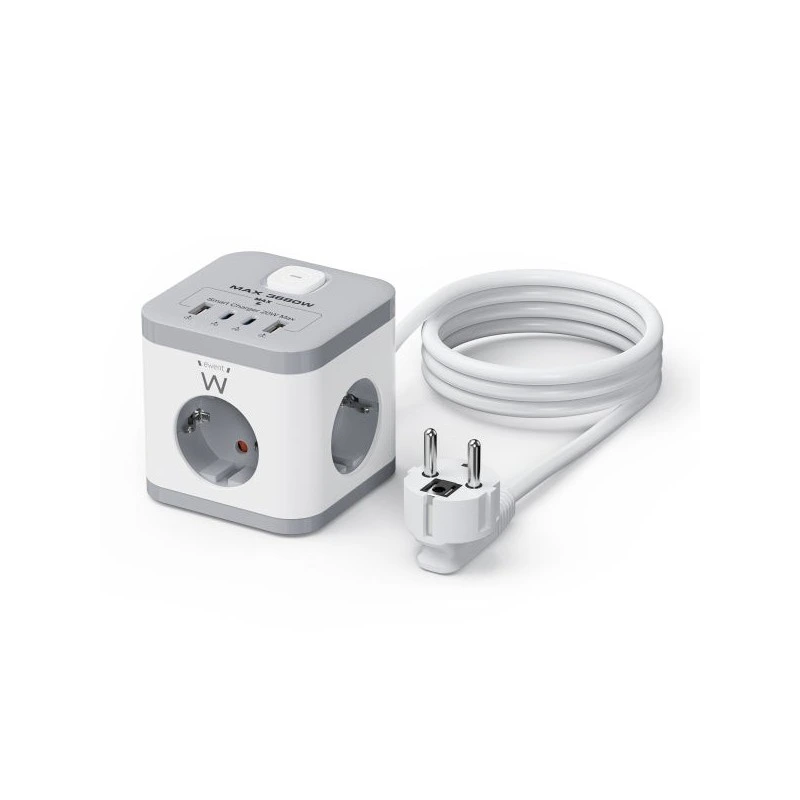 Ewent Regleta con 6 Tomas de Sobremesa - 3x Schuko 16A - 2x USB-A - 2x USB-C - Proteccion Infantil - Interruptor On/Off - Forma