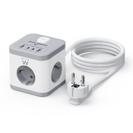 Ewent Regleta con 6 Tomas de Sobremesa - 3x Schuko 16A - 2x USB-A - 2x USB-C - Proteccion Infantil - Interruptor On/Off - Forma