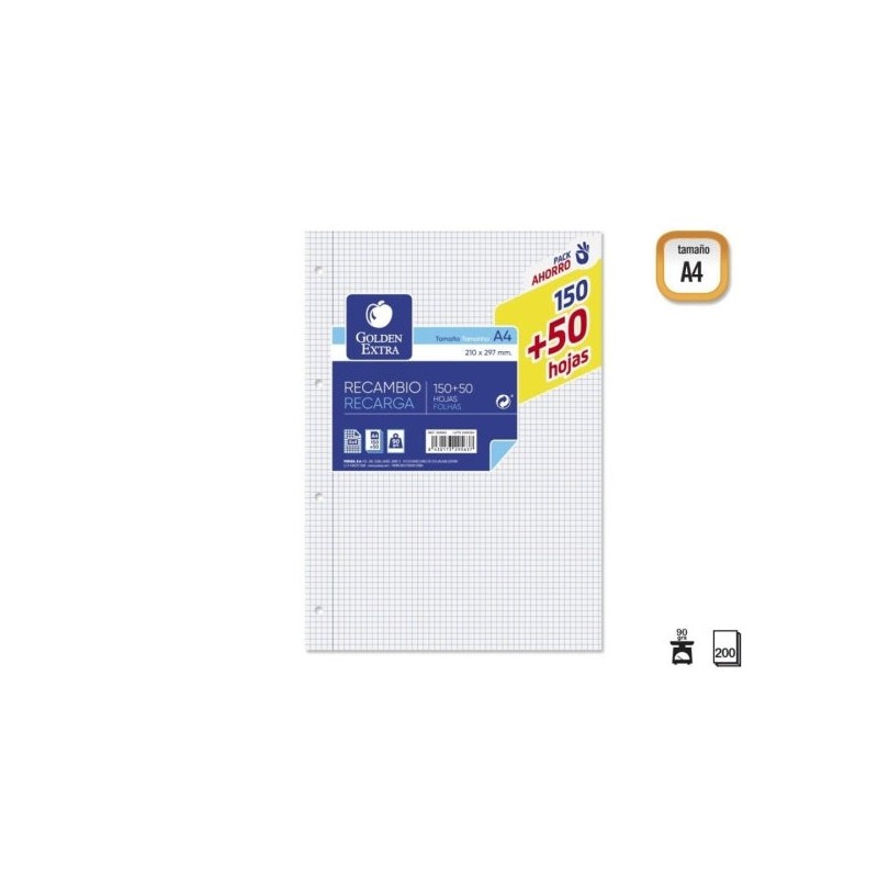 Golden Extra Recambio de 200 Hojas 90gr Cuadricula 4x4 - Formato A4 - 4 Taladros