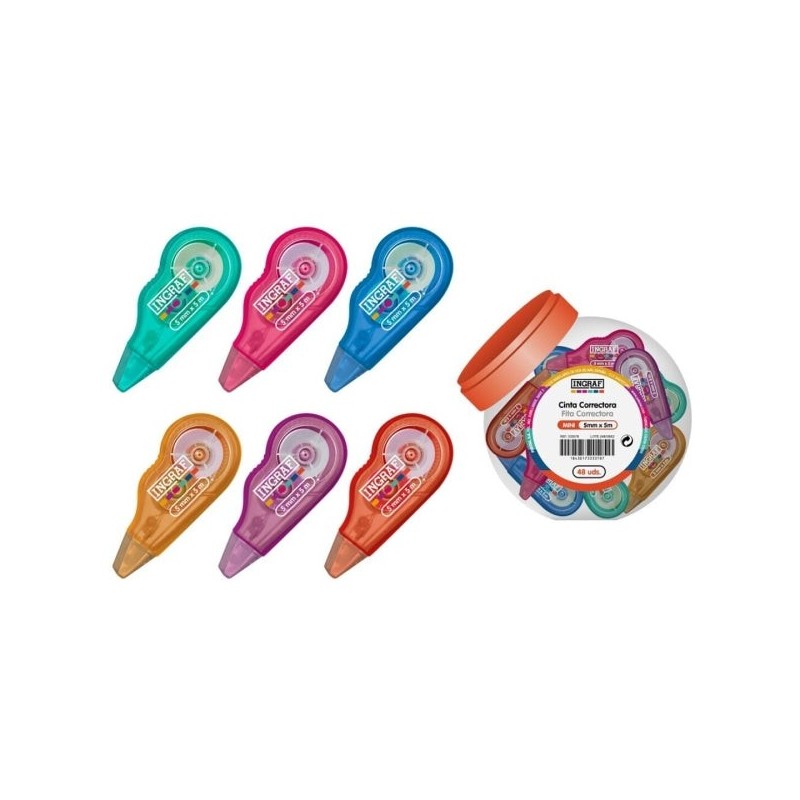 Ingraf Mini Mediterraneo Expositor com 48 Mini Fitas Corretoras 5mmx5m - Aderência Perfeita ao Papel - Corpo de Cores Sortidas