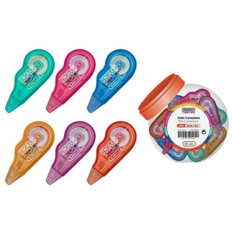 Ingraf Mini Mediterraneo Expositor com 48 Mini Fitas Corretoras 5mmx5m - Aderência Perfeita ao Papel - Corpo de Cores Sortidas