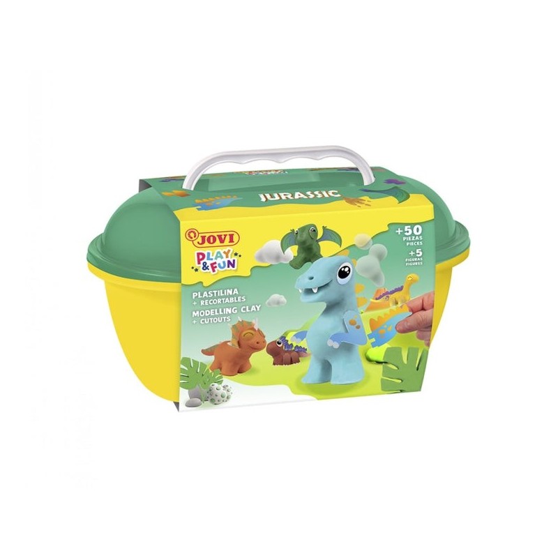 Jovi Play & Fun Cofre Jurassic con 24 Barras de Plastilina 15gr + Modeladores + Recortables - Sin Gluten - Base Vegetal - No se