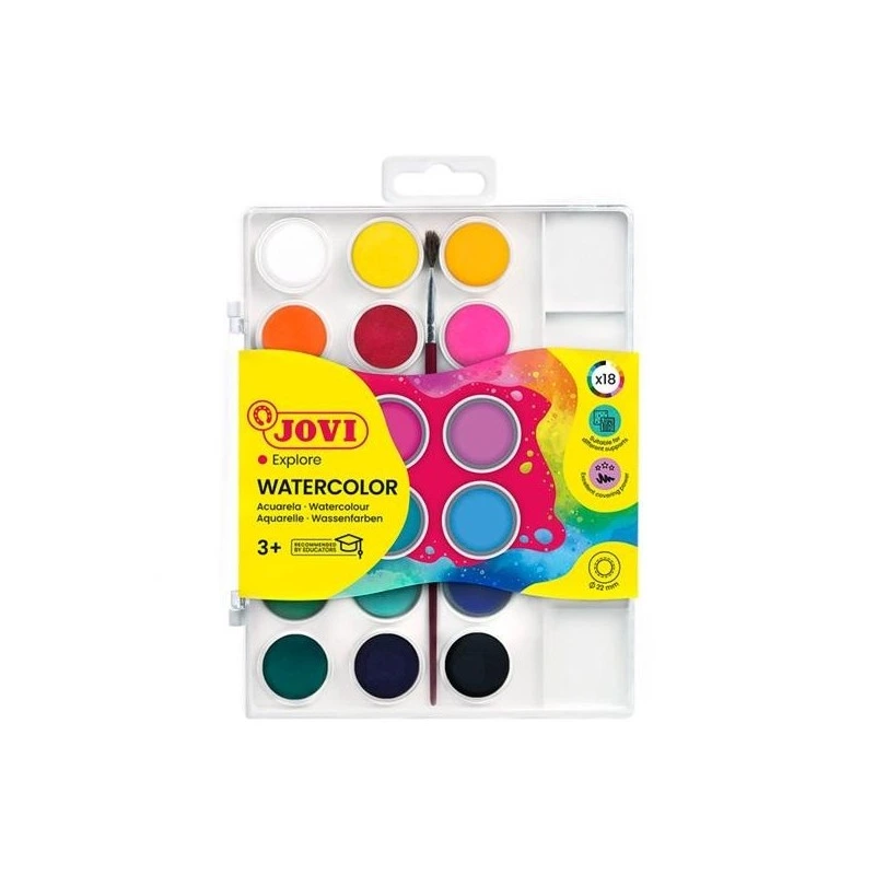 Jovi Pack de 18 Acuarelas en Pastilla 22mm + Pincel - Brillantes - Facilmente Mezclables - Colores Surtidos