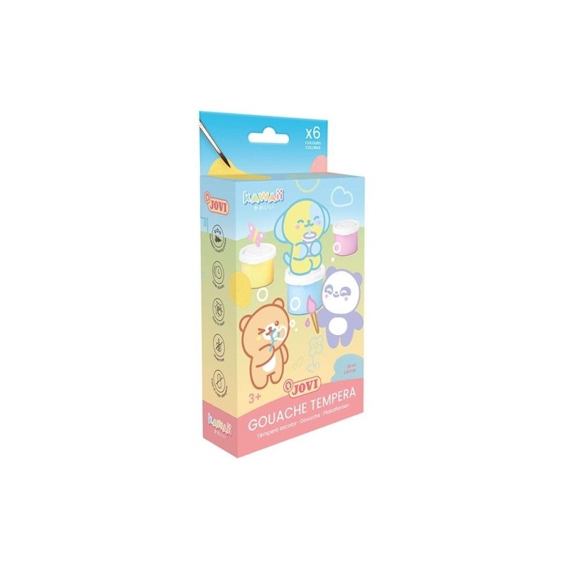 Jovi Kawaii Pack with 6 35ml Tempera Tubs + Brush - Fast Drying - Excellent Adhesion - Ready to Use - Assorted Colours