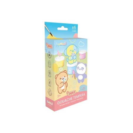 Jovi Kawaii Pack com 6 Frascos de Guache 35ml + Pincel - Secagem Rápida - Excelente Aderência - Pronto a Usar - Cores Sortidas