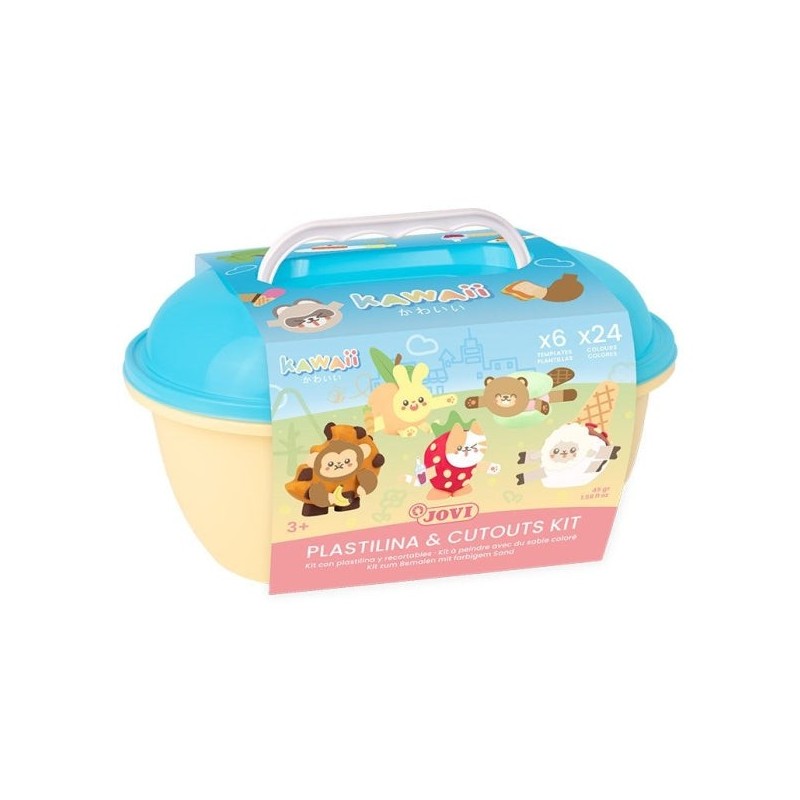 Jovi Kawaii Cofre com 24 Barras de Plasticina 15gr + Modeladores + Recortáveis - Sem Glúten - Base Vegetal - Não Seca - Cores
