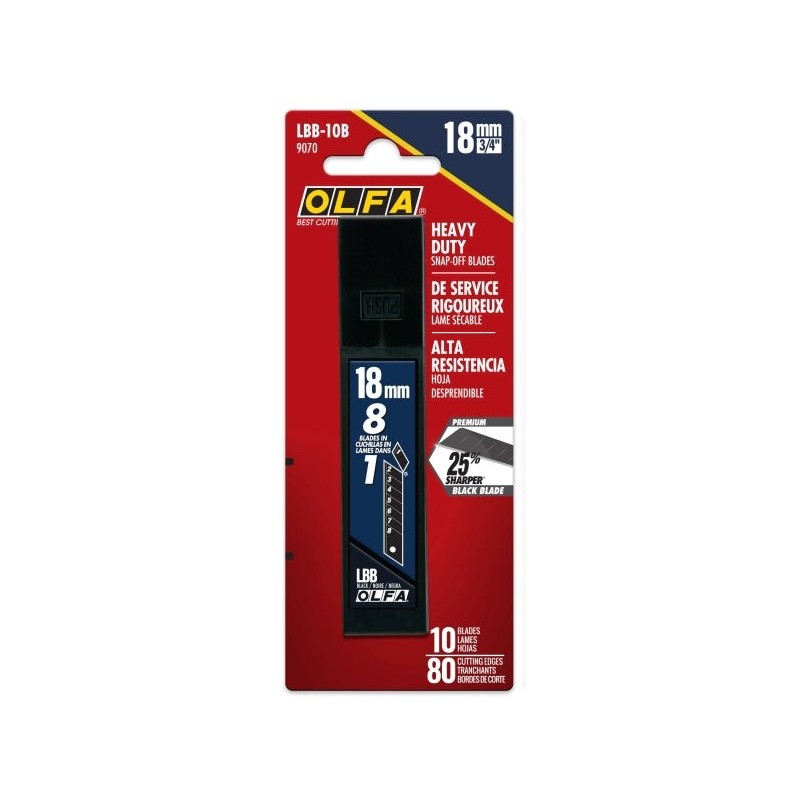 Olfa Pack de 10 Cuchillas de Negras para Cuters 18mm - Acero al Carbono - Un 25% mas Afiladas - 8 Segmentos