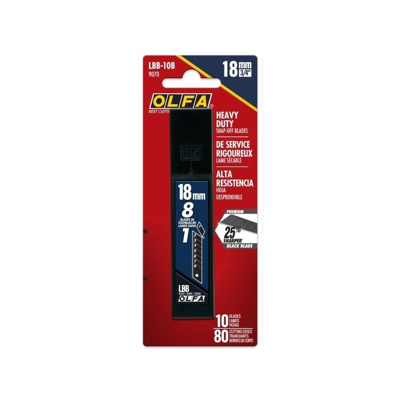 Olfa Pack de 10 Cuchillas de Negras para Cuters 18mm - Acero al Carbono - Un 25% mas Afiladas - 8 Segmentos