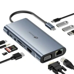 Leotec Adaptateur 11 en 1 USB-C vers 1xHDMI, 1xVGA, 1xRJ45, 3xUSB-A 3.0, 1xUSB-C PD, 1xUSB-C, 1xTF+1xSD, 1x Audio - Couleur Gris