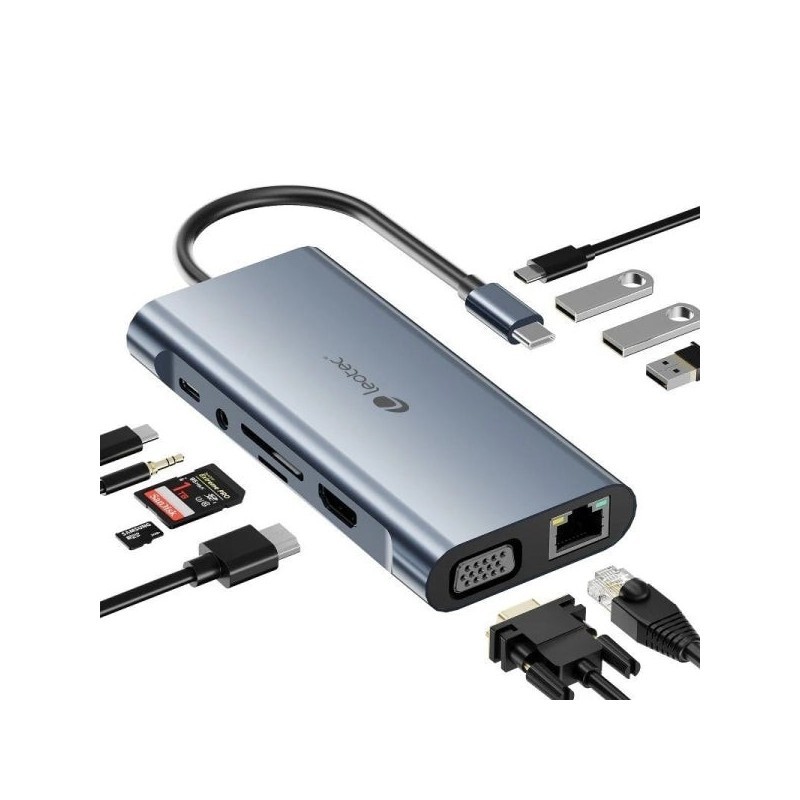 Leotec 11 in 1 Adapter USB-C to 1xHDMI, 1xVGA, 1xRJ45, 3xUSB-A 3.0, 1xUSB-C PD, 1xUSB-C, 1xTF+1xSD, 1x Audio - Grey