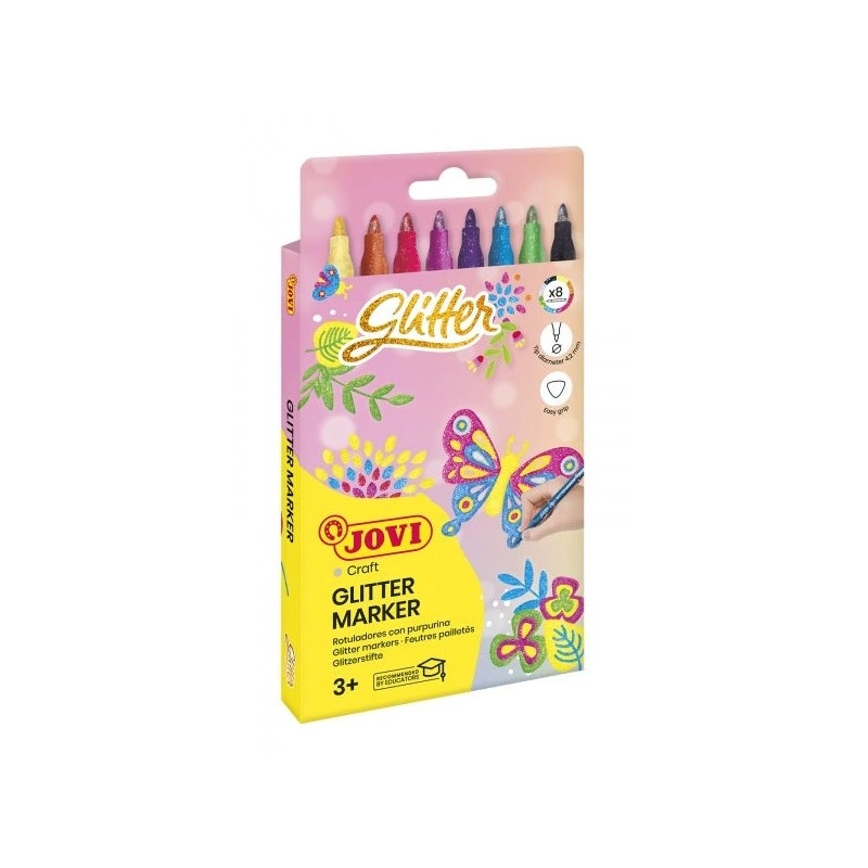 Jovi Glitter Marker Boîte de 8 Feutres Effet Paillettes - Encre à Base d'Eau - Grip Triangulaire Ergonomique - Pointe