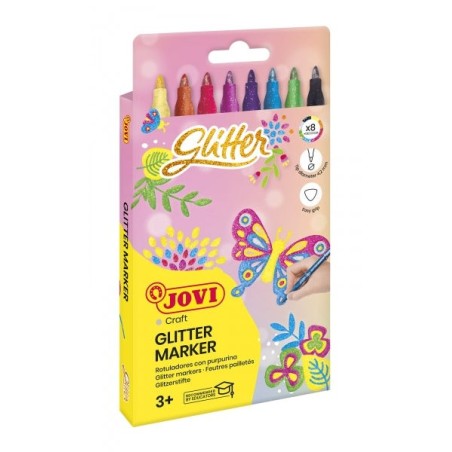 Jovi Glitter Marker Boîte de 8 Feutres Effet Paillettes - Encre à Base d'Eau - Grip Triangulaire Ergonomique - Pointe