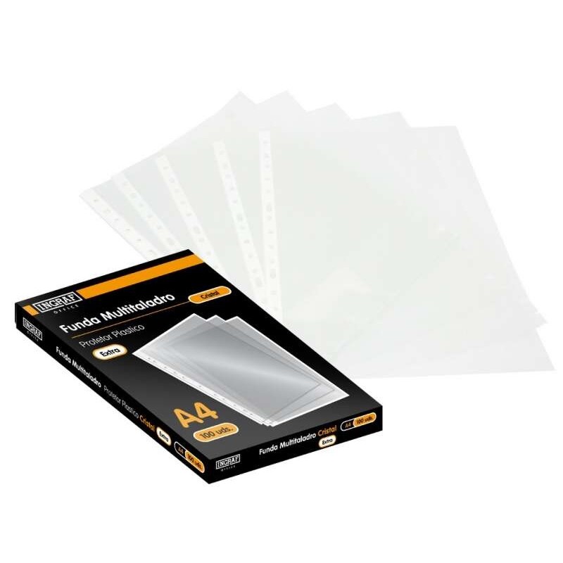 Ingraf Pack of 100 Multi-Punched A4 Clear Sleeves 70 Microns - Glass Finish