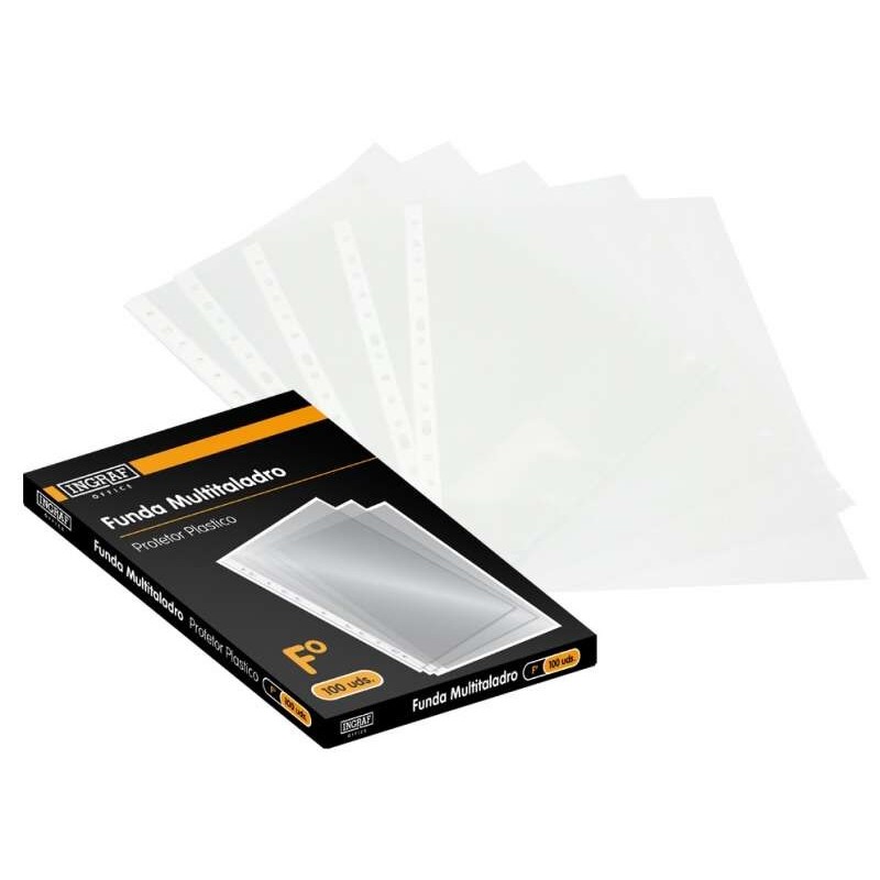 Ingraf Pack de 100 Bolsas Multifuro Folio Transparentes 70 Mícrones - Acabamento Granulado