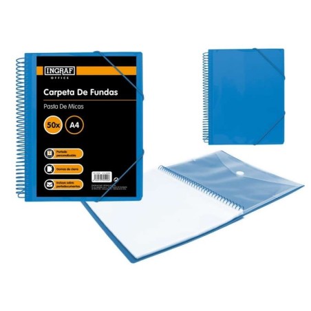 Ingraf Display Book 50 A4 Pockets + Press Stud Envelope - Non-Deforming Plastic Spiral - 360 Degree Opening - Customisable