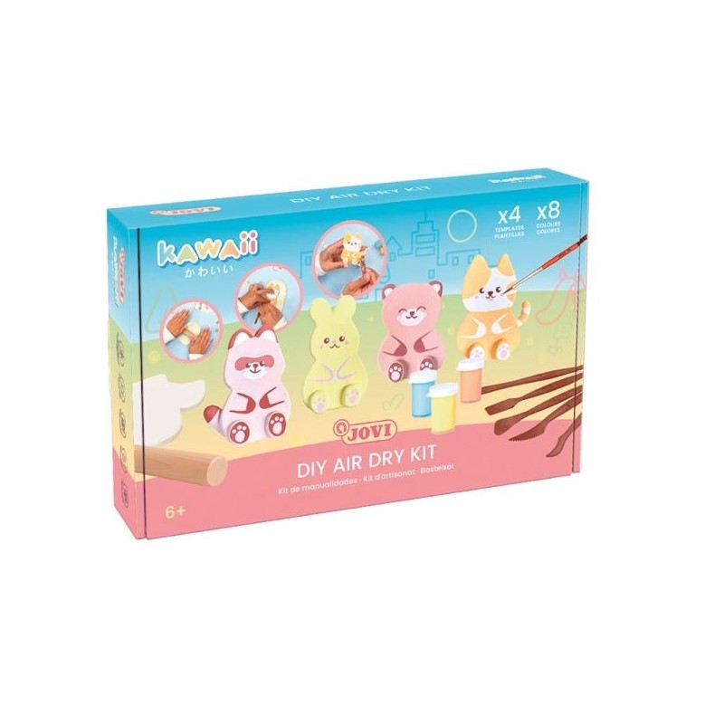 Jovi Kawaii Air Dry Kit con Pasta Endurecible 500gr + 4 Plantillas + Pinturas + Complementos - Facil de Moldear - Colores